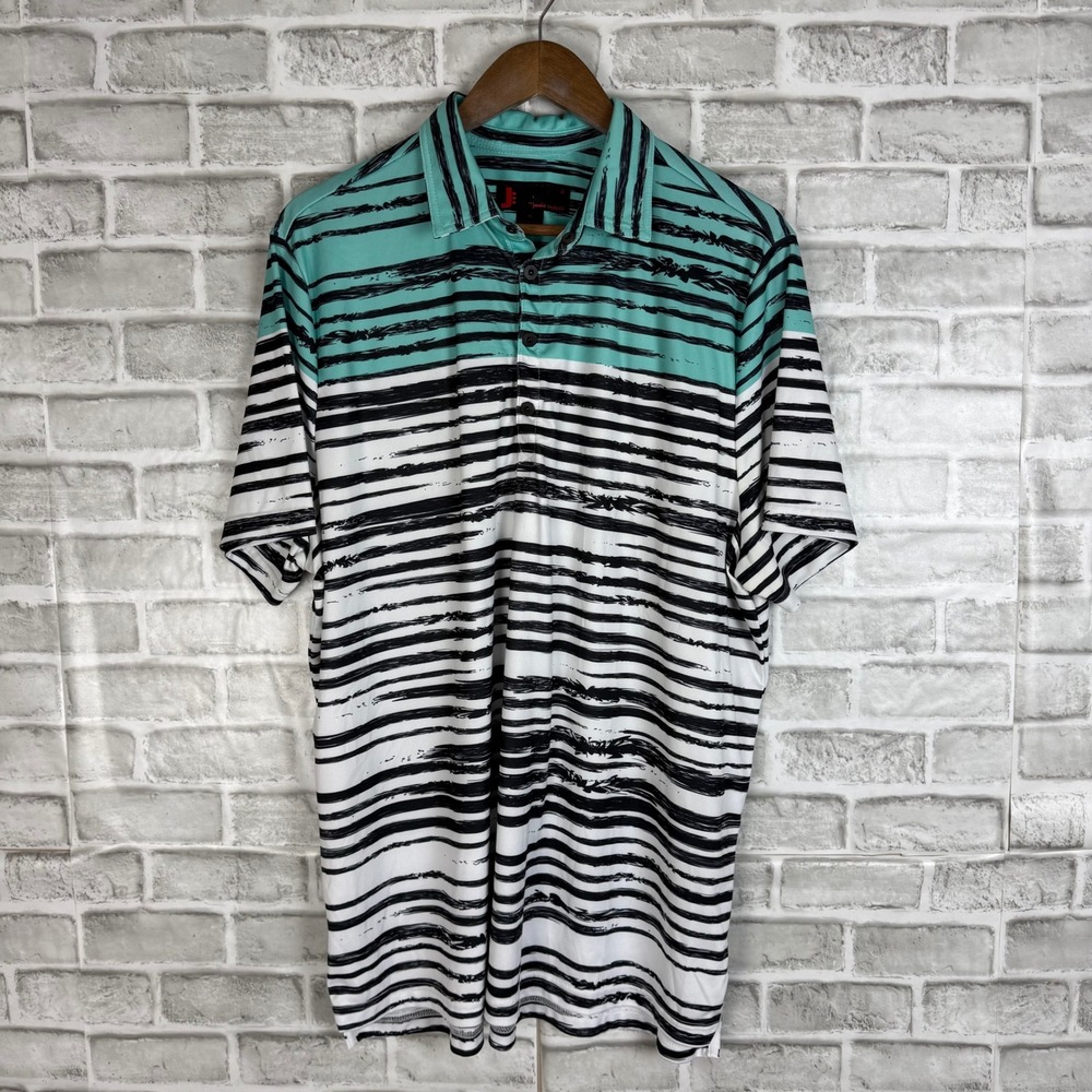 Jamie Sadock Mens Golf Polo Shirt XL Teal Black White Striped Performance Top